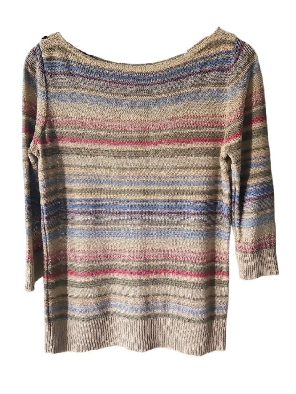 Ralph Lauren Beige Striped Scoop-Neck Sweater 100% Linen Size Med Multicolor